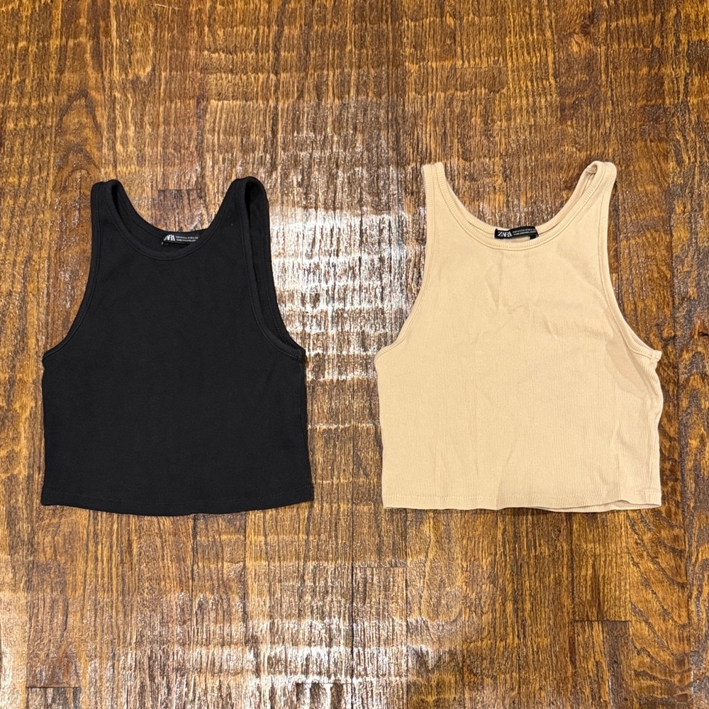 Zara Black and Tan Tank Top Bundle - Ribbed Crop Basic Grunge Gothic